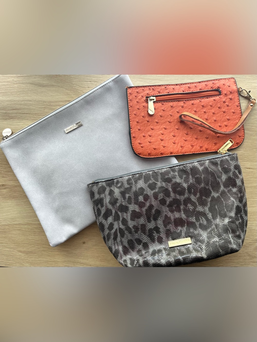 Pouch Bag Trio - Dove gray, Leopard print & Orange ostrich print